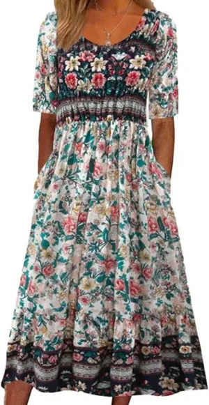 Womens Flowy Floral Dress Short Sleeve T Shirt Dress Maxi Loose Cute Print Vestido with Pocket