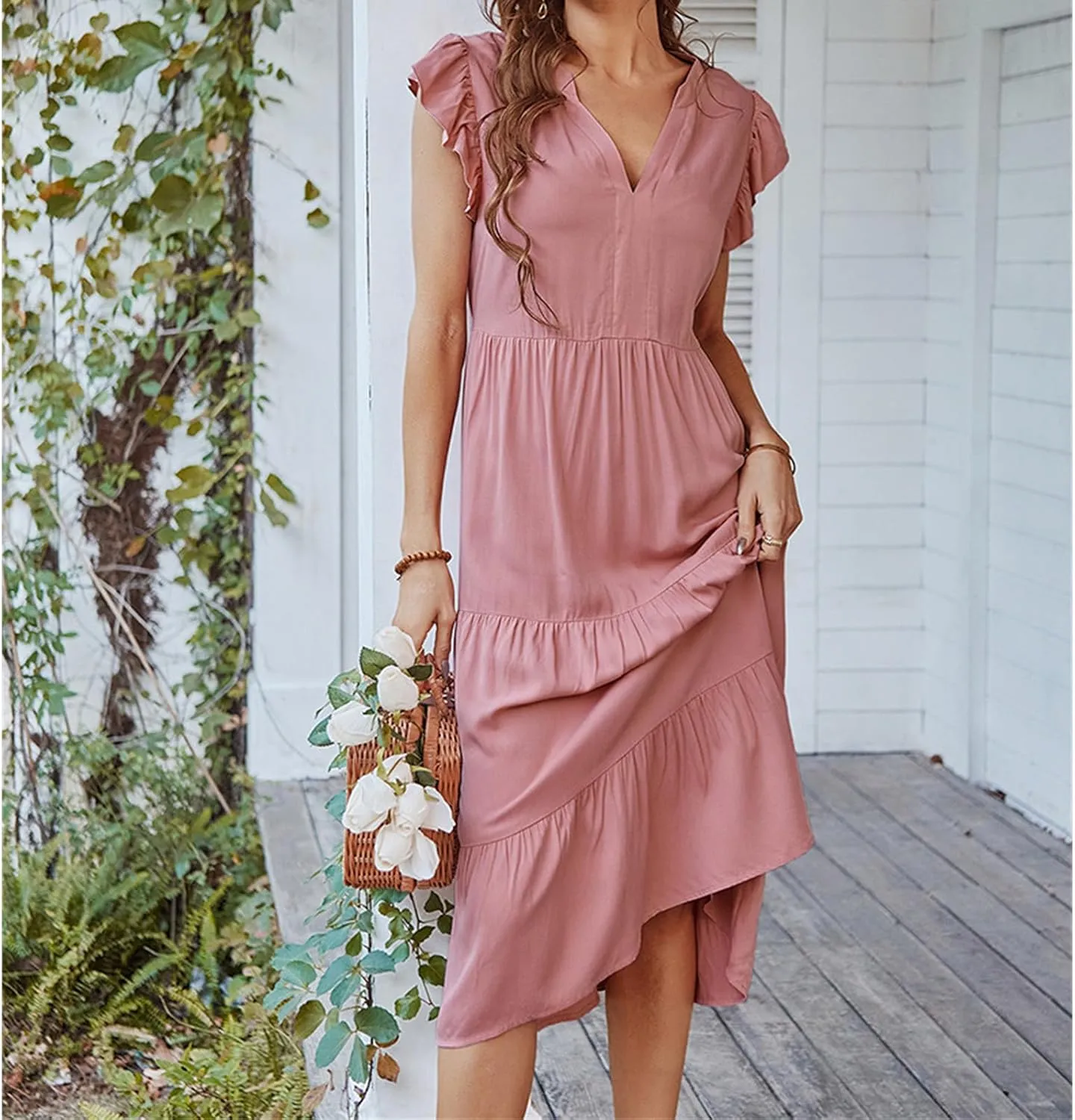 Women's Flowy Midi Dress Summer Loose Casual Long Skirt Solid Color V-Neck Lotus Sleeve Date Night Outfit Comfy Dress