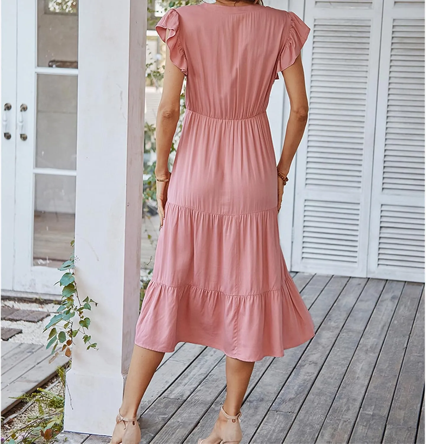 Women's Flowy Midi Dress Summer Loose Casual Long Skirt Solid Color V-Neck Lotus Sleeve Date Night Outfit Comfy Dress