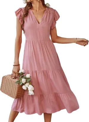 Women's Flowy Midi Dress Summer Loose Casual Long Skirt Solid Color V-Neck Lotus Sleeve Date Night Outfit Comfy Dress