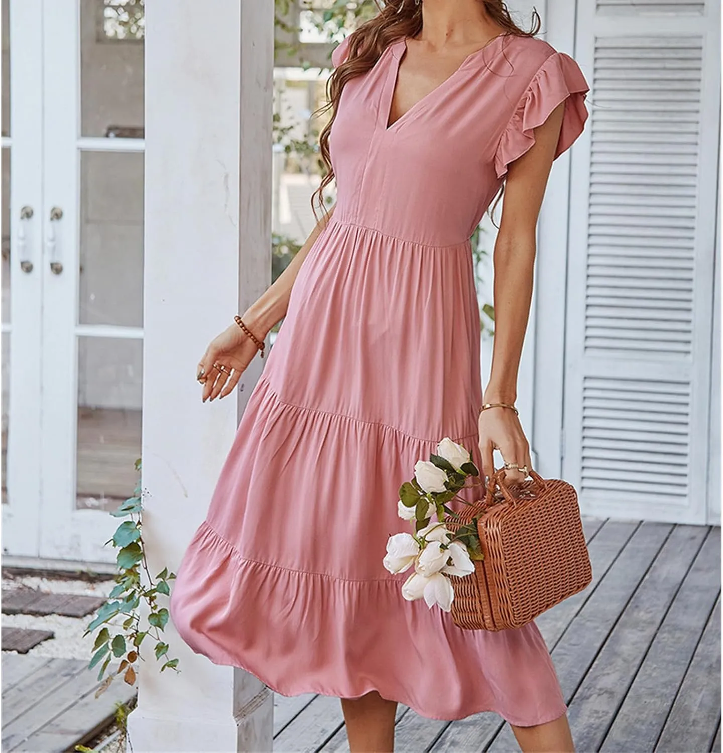Women's Flowy Midi Dress Summer Loose Casual Long Skirt Solid Color V-Neck Lotus Sleeve Date Night Outfit Comfy Dress