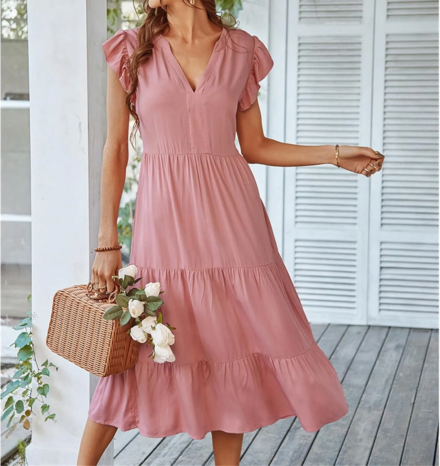 Women's Flowy Midi Dress Summer Loose Casual Long Skirt Solid Color V-Neck Lotus Sleeve Date Night Outfit Comfy Dress