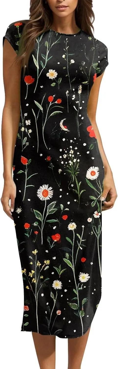 Women's Hawaiian Boho Short Sleeve Crew Neck Midi a Line Dress Beach Vacation Casual 2025 Dresses
