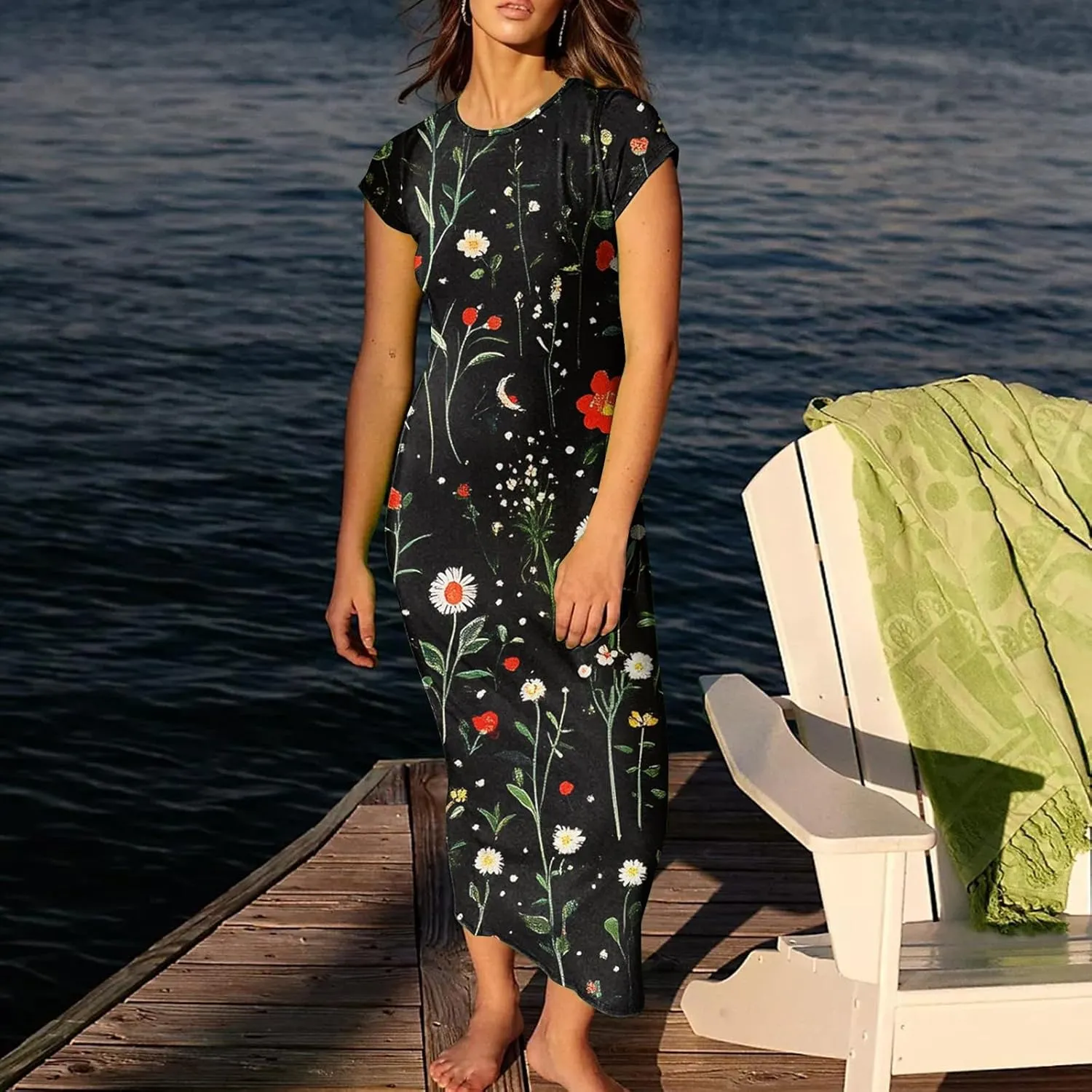 Women's Hawaiian Boho Short Sleeve Crew Neck Midi a Line Dress Beach Vacation Casual 2025 Dresses