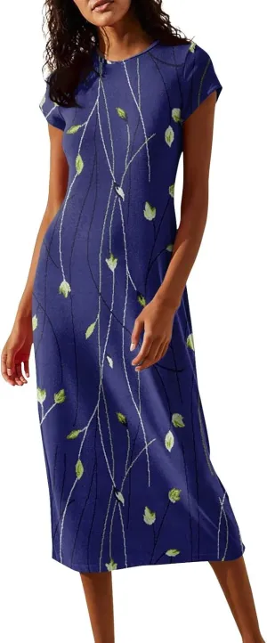 Women's Hawaiian Boho Short Sleeve Crew Neck Midi a Line Dress Beach Vacation Casual 2025 Dresses