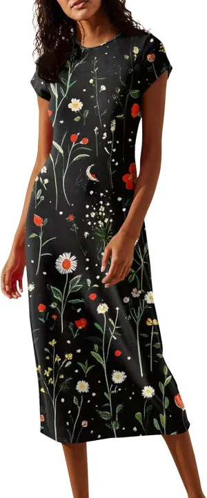 Women's Hawaiian Boho Short Sleeve Crew Neck Midi a Line Dress Beach Vacation Casual 2025 Dresses
