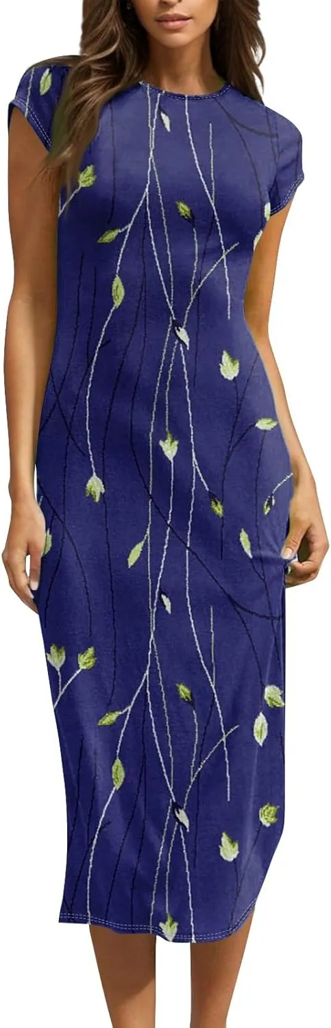 Women's Hawaiian Boho Short Sleeve Crew Neck Midi a Line Dress Beach Vacation Casual 2025 Dresses
