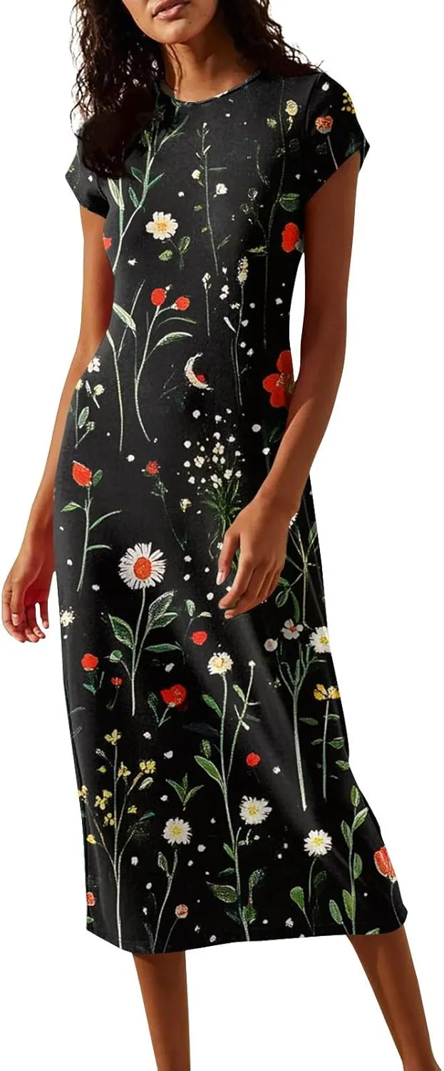 Women's Hawaiian Boho Short Sleeve Crew Neck Midi a Line Dress Beach Vacation Casual 2025 Dresses