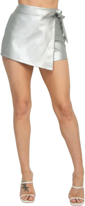 Women's high Waist Ribbon Wrapped Faux Leather Skort