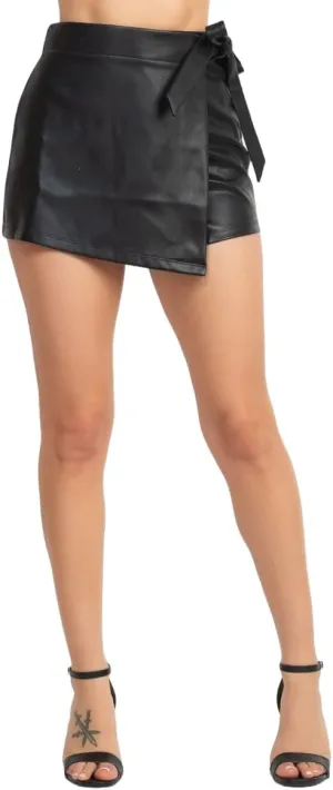 Women's high Waist Ribbon Wrapped Faux Leather Skort