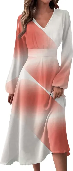 Women's Light Gradient Long Sleeve Dresses Fashion Formal V-Neck Spring Long Dress