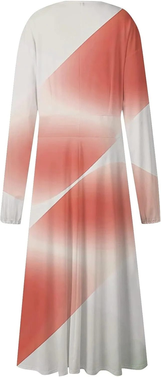 Women's Light Gradient Long Sleeve Dresses Fashion Formal V-Neck Spring Long Dress
