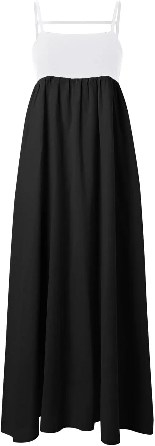 Women's Linen Maxi Dress Contrast Spaghetti Strap Dress Beach Flowy Backless Sleeveless Summer Casual Party Sundress