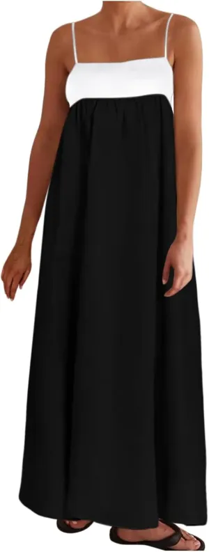 Women's Linen Maxi Dress Contrast Spaghetti Strap Dress Beach Flowy Backless Sleeveless Summer Casual Party Sundress