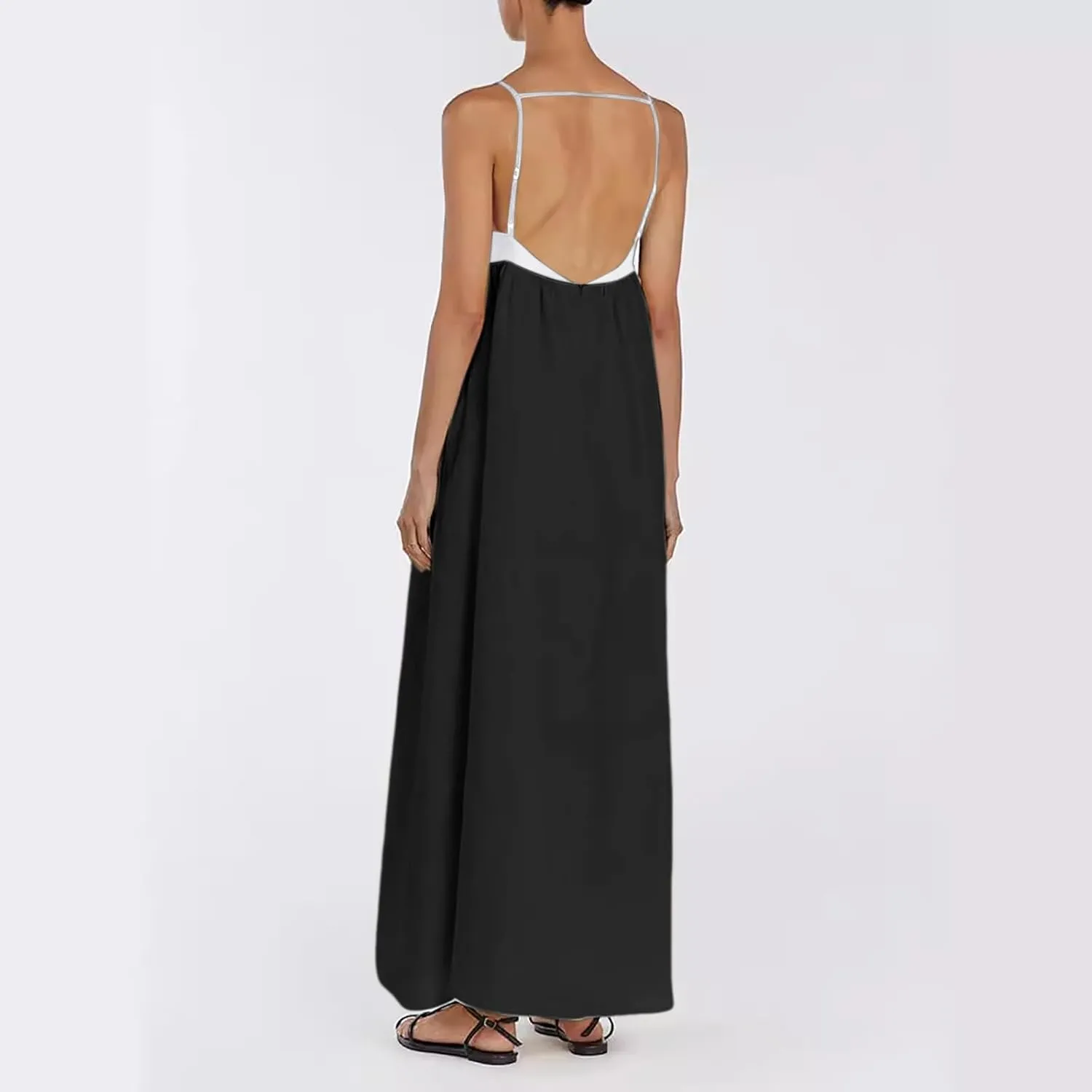 Women's Linen Maxi Dress Contrast Spaghetti Strap Dress Beach Flowy Backless Sleeveless Summer Casual Party Sundress
