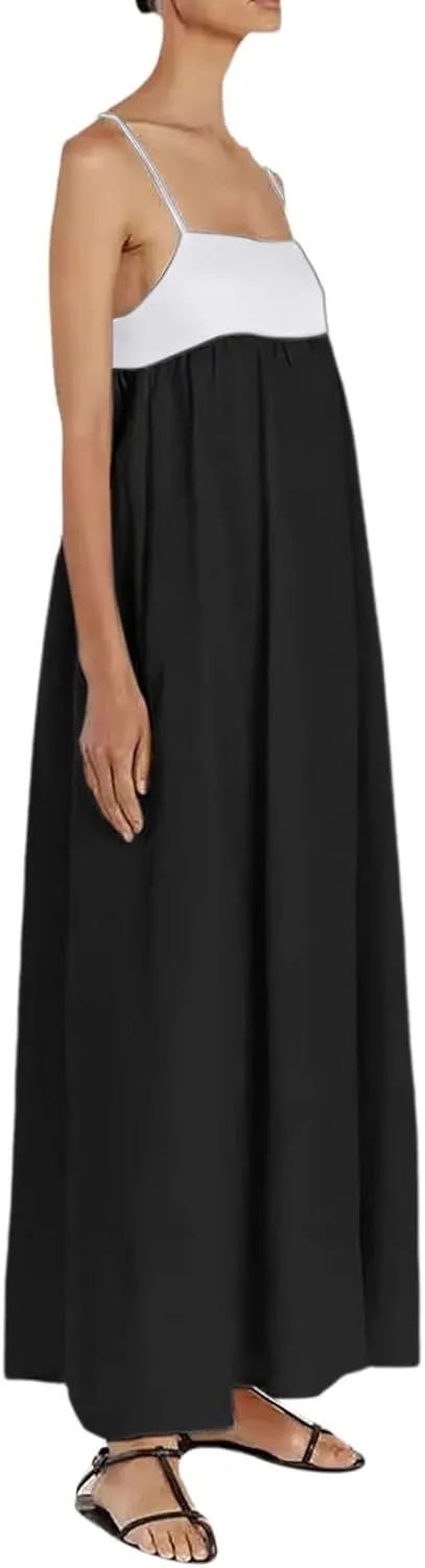 Women's Linen Maxi Dress Contrast Spaghetti Strap Dress Beach Flowy Backless Sleeveless Summer Casual Party Sundress