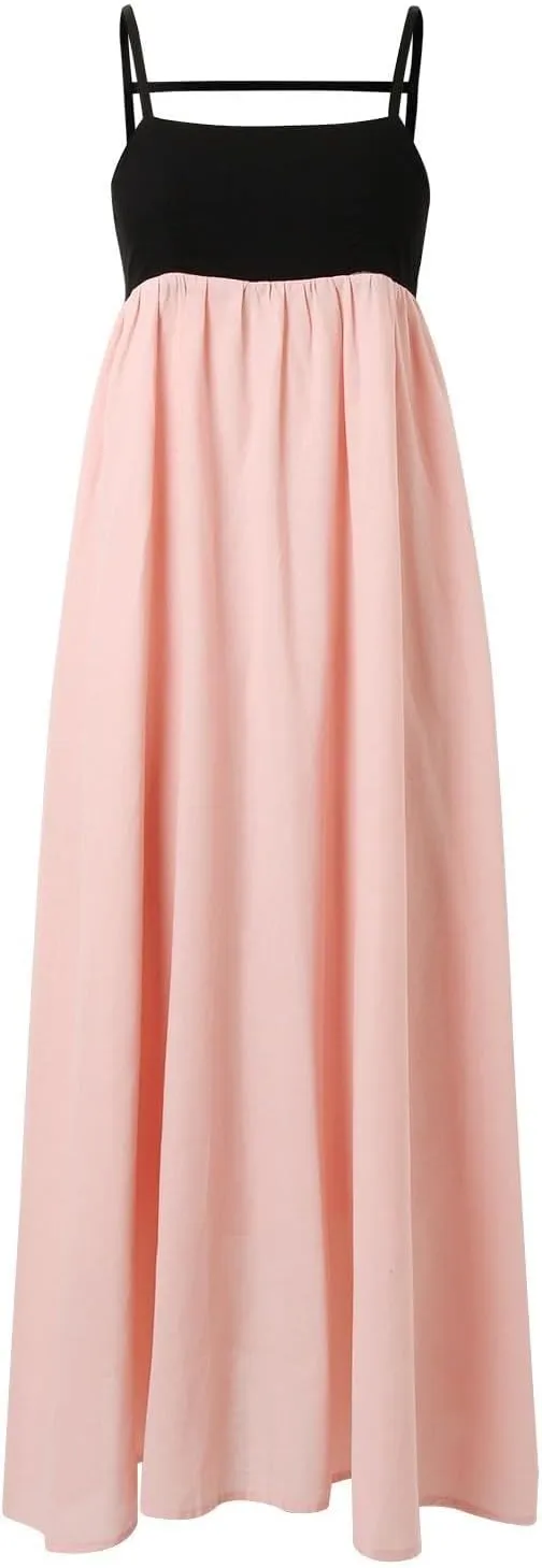 Womens Linen Maxi Dress Contrast Trim Spaghetti Straps Summer Outfits Sleeveless Long Dresses Women's Maxi Dress
