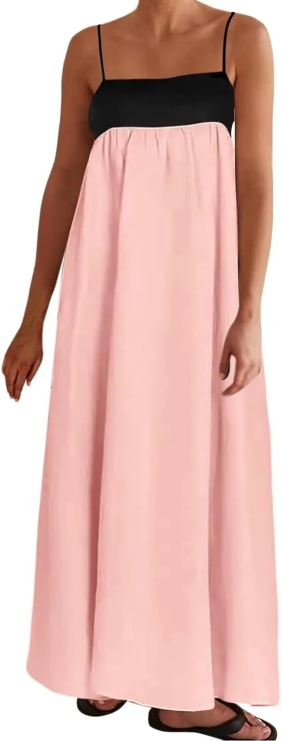 Womens Linen Maxi Dress Contrast Trim Spaghetti Straps Summer Outfits Sleeveless Long Dresses Women's Maxi Dress