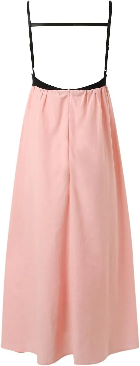 Womens Linen Maxi Dress Contrast Trim Spaghetti Straps Summer Outfits Sleeveless Long Dresses Women's Maxi Dress