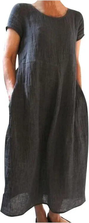 Women's Linen Midi Dress Oversized Short Sleeve Sundress Baggy Tunic Dresses with Pockets Holiday Gauze Dress for Women 2025