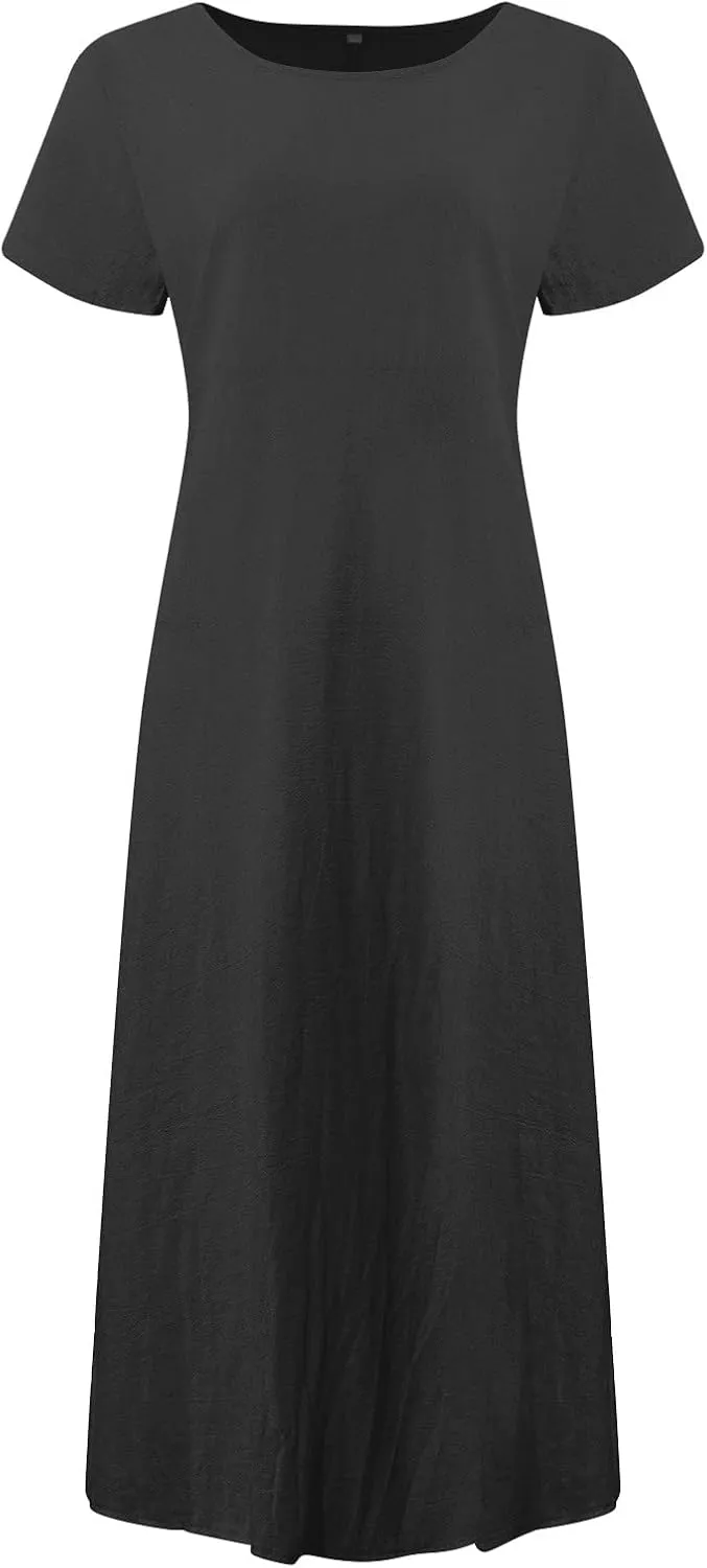 Women's Linen Midi Dress Oversized Short Sleeve Sundress Baggy Tunic Dresses with Pockets Holiday Gauze Dress for Women 2025