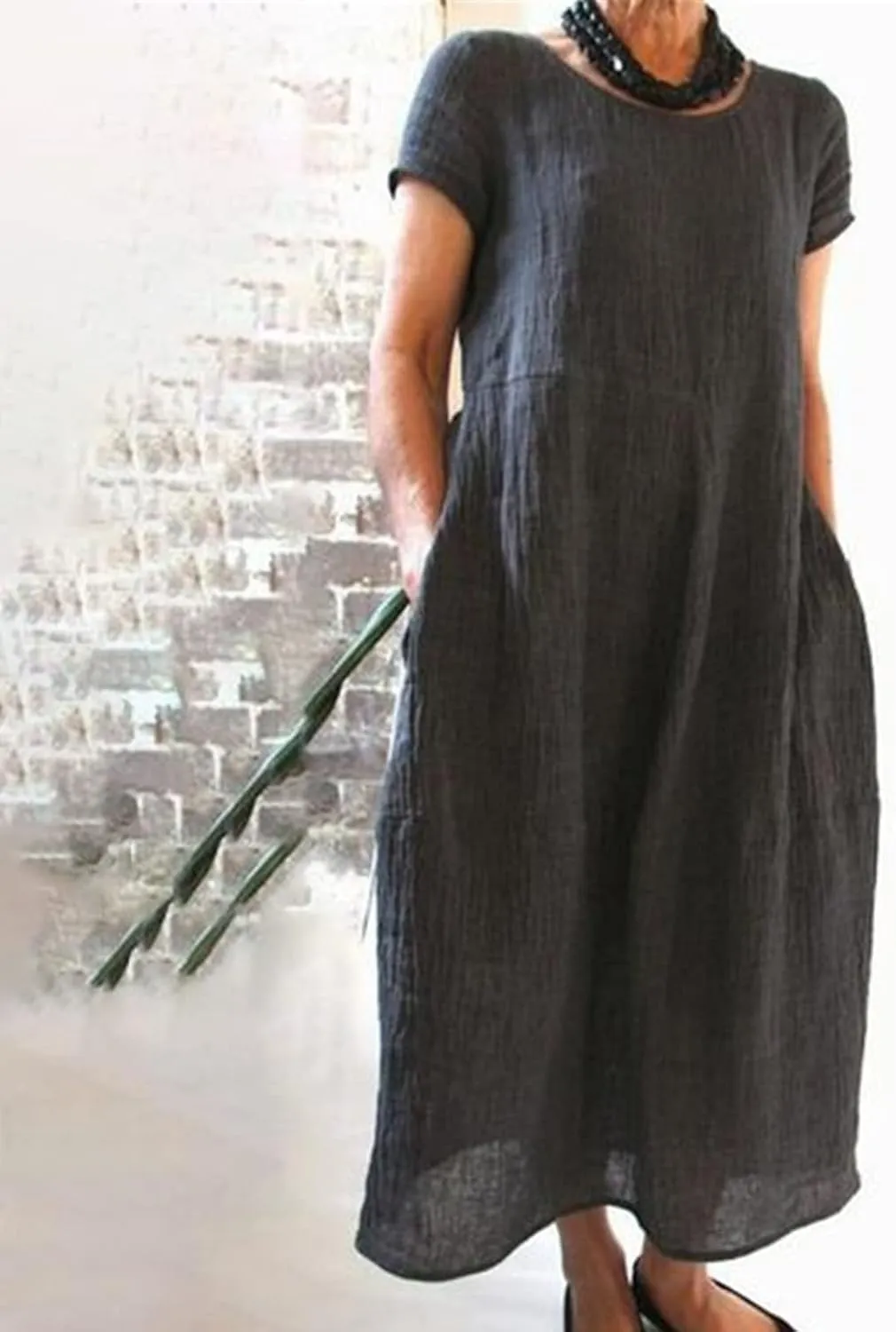 Women's Linen Midi Dress Oversized Short Sleeve Sundress Baggy Tunic Dresses with Pockets Holiday Gauze Dress for Women 2025