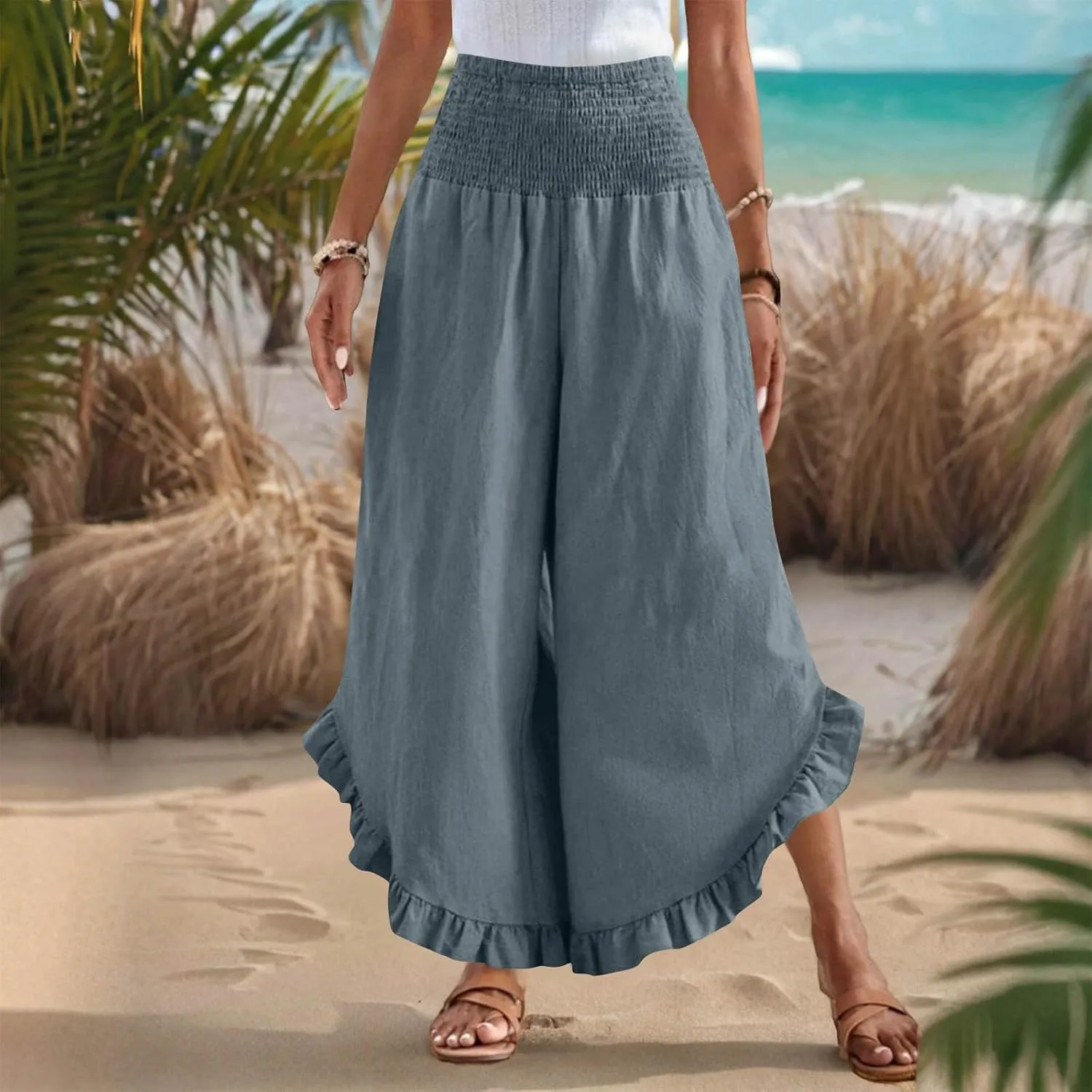 Womens Linen Pants Summer High Waist Ruffle Hem Bohemia Flowy Wide Leg Palazzo Trousers Beach Vacation Clothes