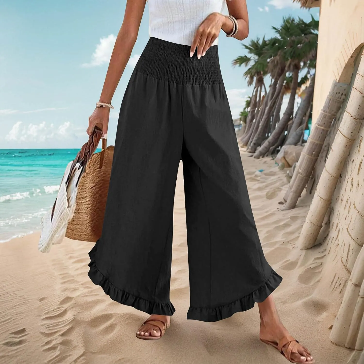 Womens Linen Pants Summer High Waist Ruffle Hem Bohemia Flowy Wide Leg Palazzo Trousers Beach Vacation Clothes