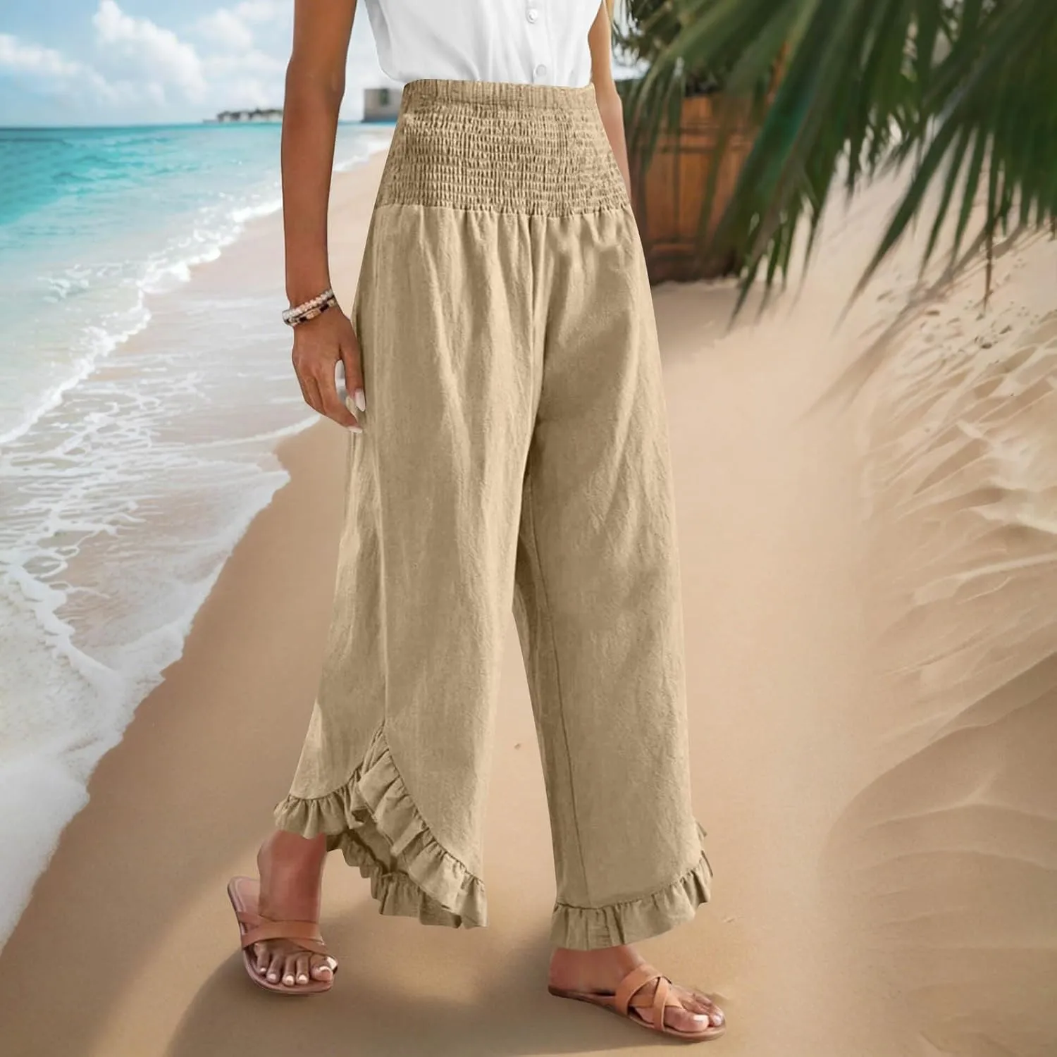 Womens Linen Pants Summer High Waist Ruffle Hem Bohemia Flowy Wide Leg Palazzo Trousers Beach Vacation Clothes