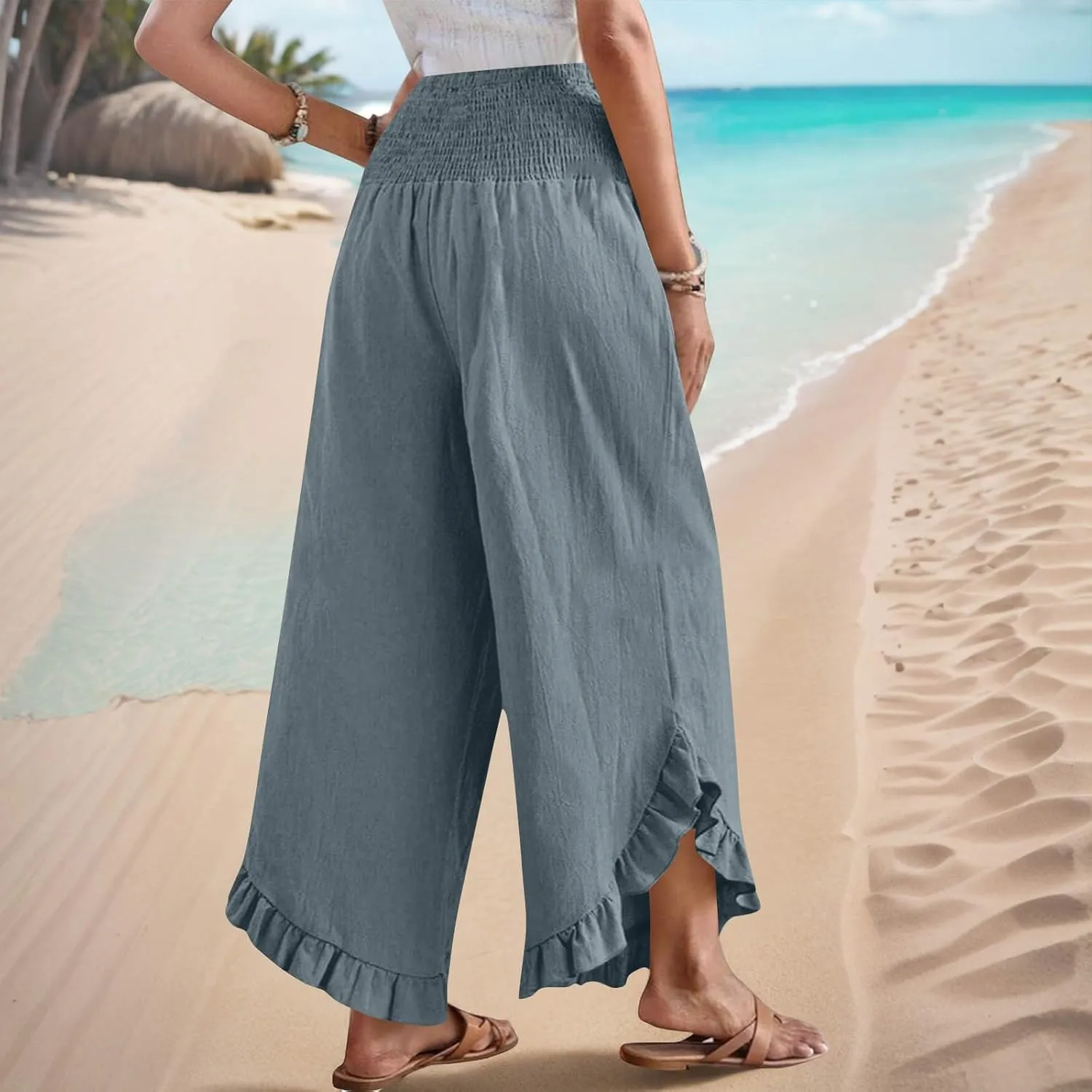 Womens Linen Pants Summer High Waist Ruffle Hem Bohemia Flowy Wide Leg Palazzo Trousers Beach Vacation Clothes