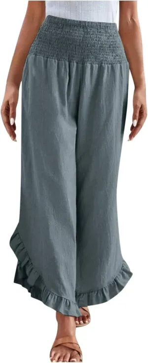 Womens Linen Pants Summer High Waist Ruffle Hem Bohemia Flowy Wide Leg Palazzo Trousers Beach Vacation Clothes