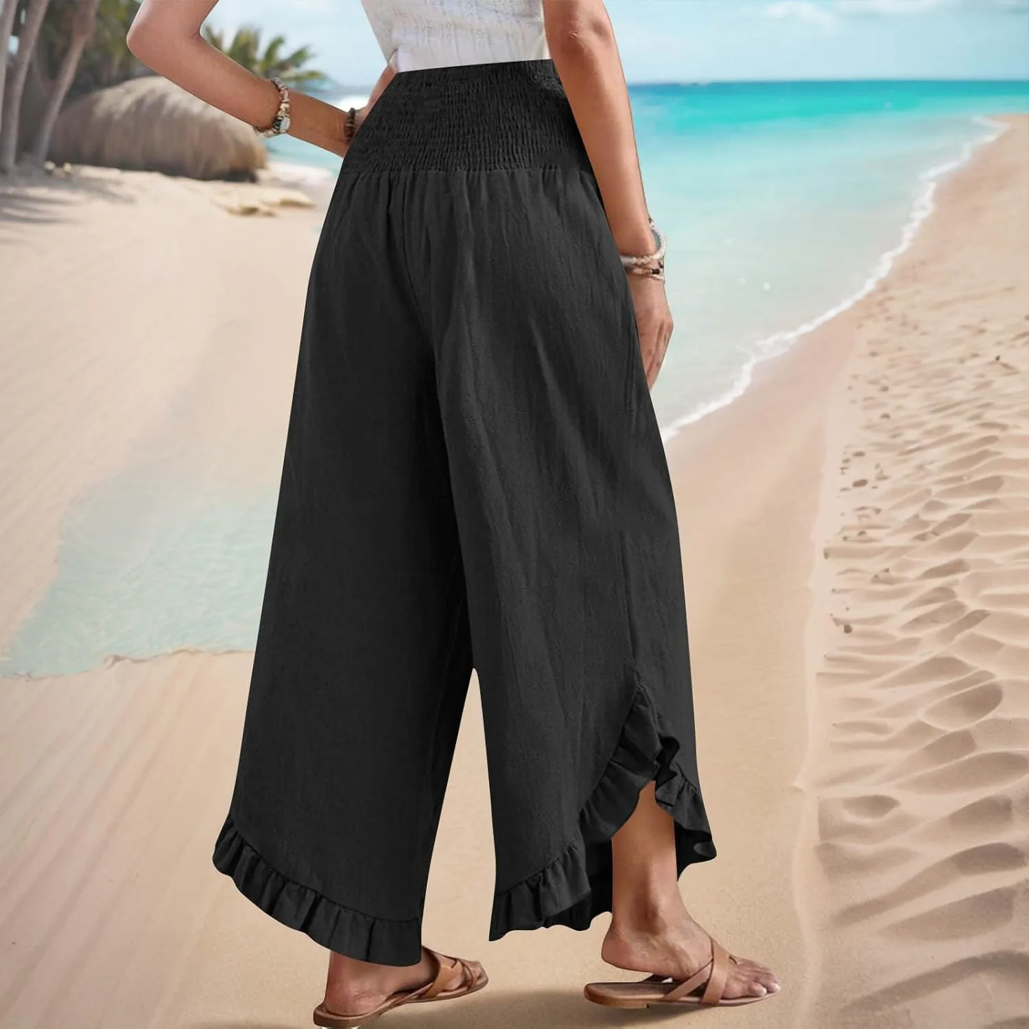 Womens Linen Pants Summer High Waist Ruffle Hem Bohemia Flowy Wide Leg Palazzo Trousers Beach Vacation Clothes