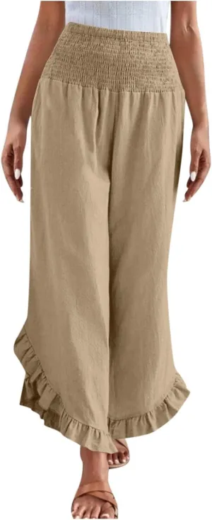 Womens Linen Pants Summer High Waist Ruffle Hem Bohemia Flowy Wide Leg Palazzo Trousers Beach Vacation Clothes