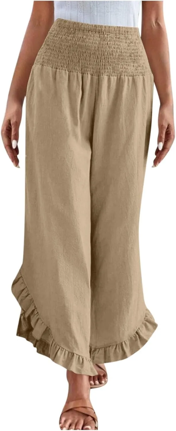 Womens Linen Pants Summer High Waist Ruffle Hem Bohemia Flowy Wide Leg Palazzo Trousers Beach Vacation Clothes