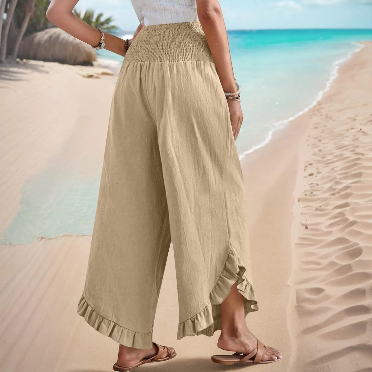 Womens Linen Pants Summer High Waist Ruffle Hem Bohemia Flowy Wide Leg Palazzo Trousers Beach Vacation Clothes