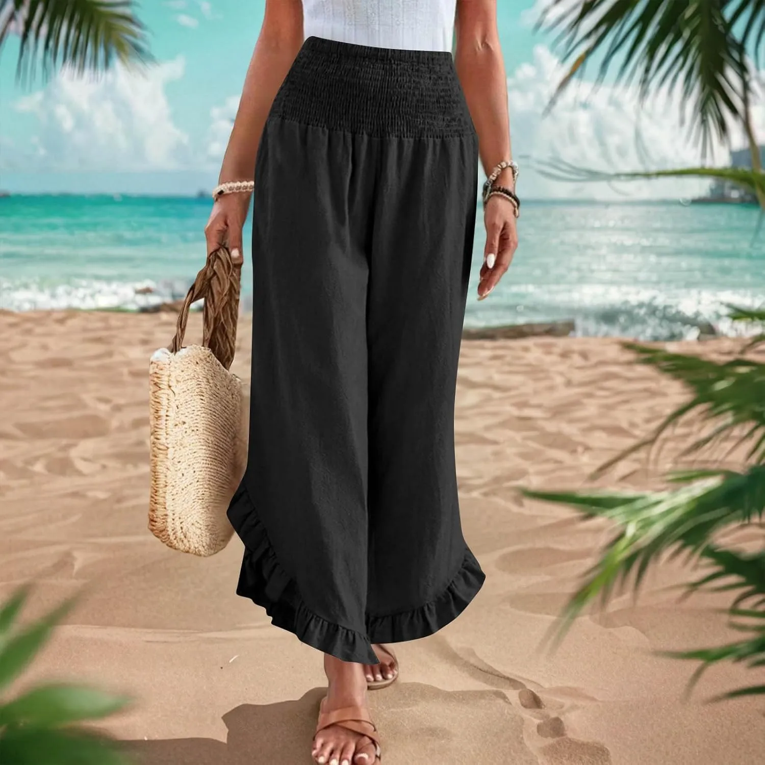 Womens Linen Pants Summer High Waist Ruffle Hem Bohemia Flowy Wide Leg Palazzo Trousers Beach Vacation Clothes
