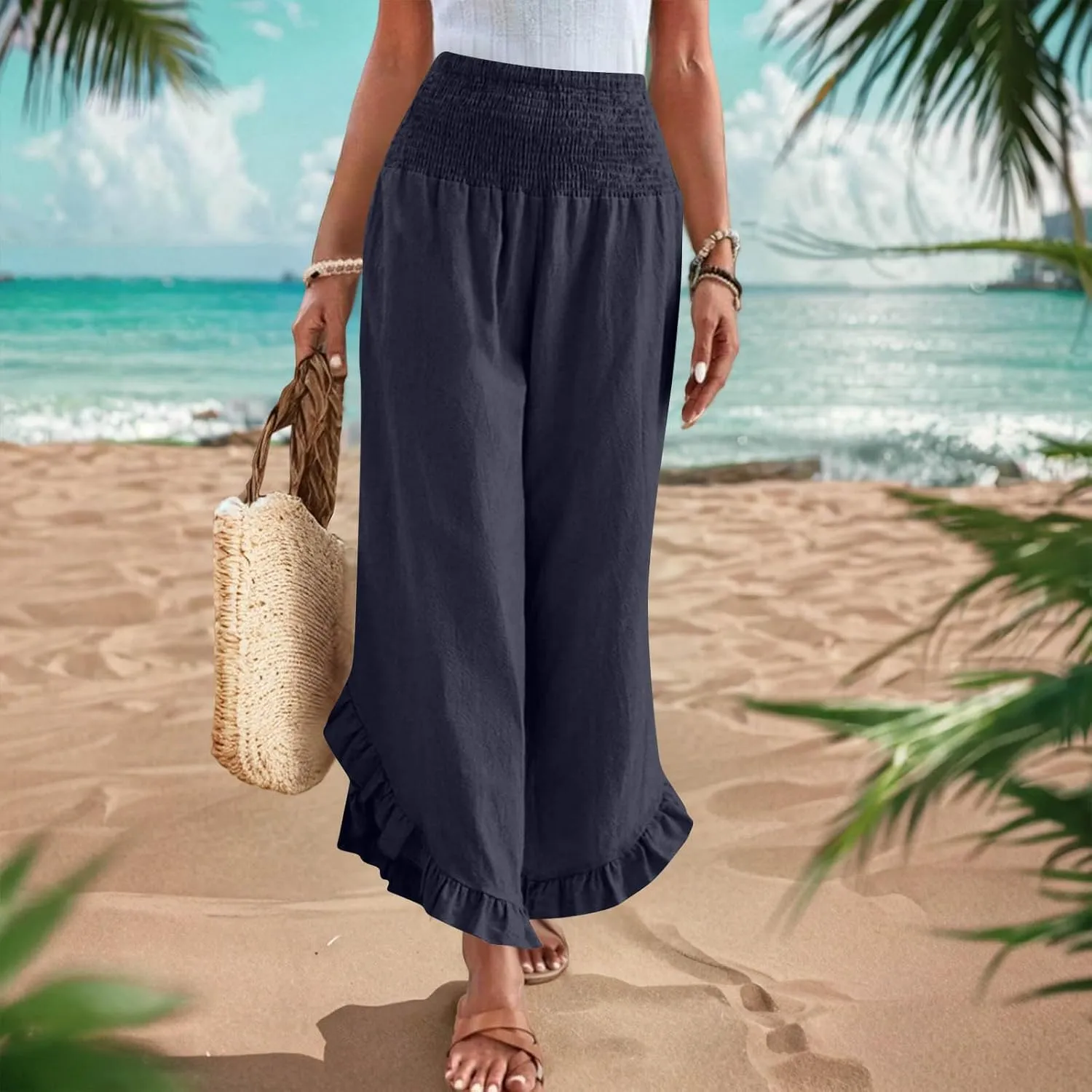 Womens Linen Pants Summer High Waist Ruffle Hem Bohemia Flowy Wide Leg Palazzo Trousers Beach Vacation Clothes