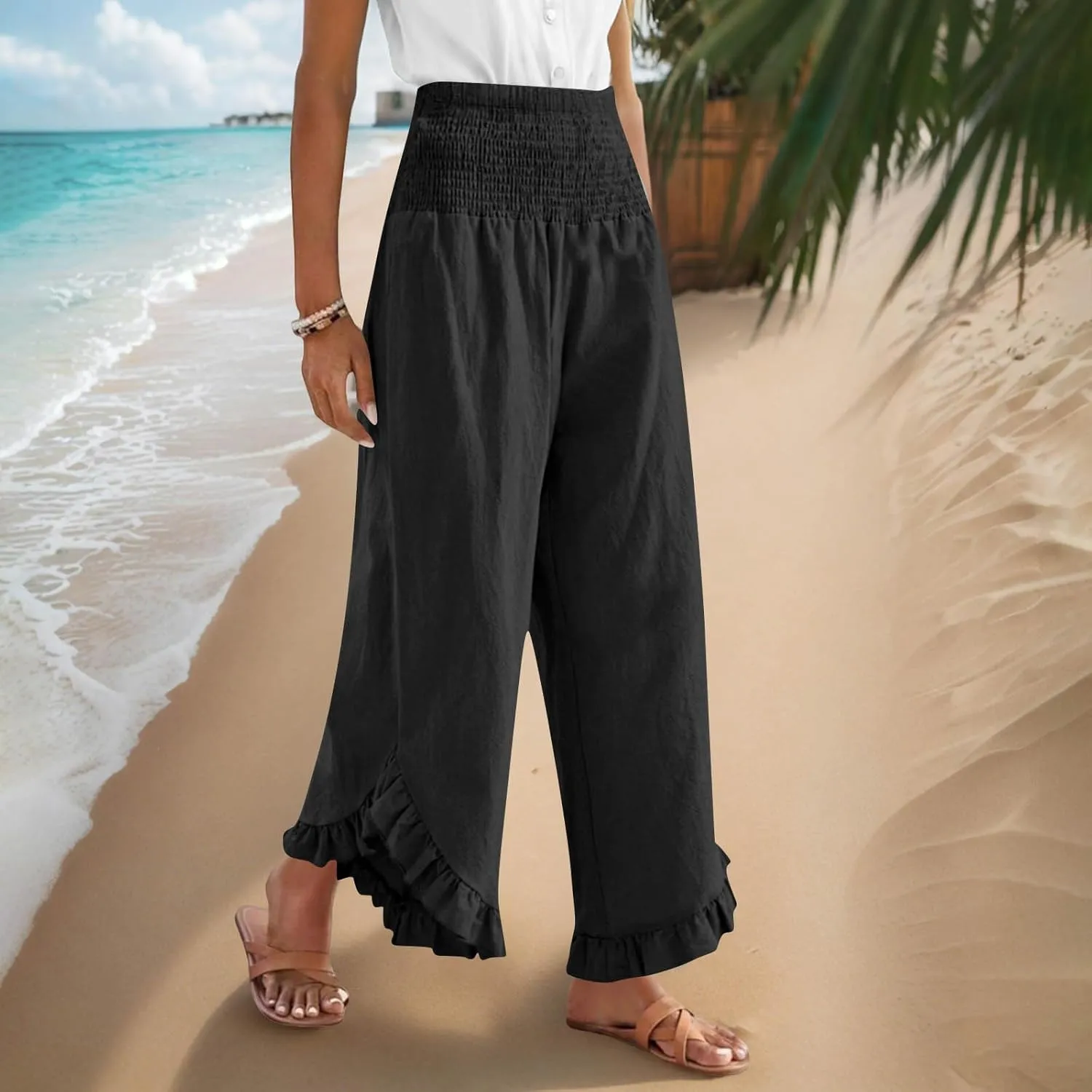 Womens Linen Pants Summer High Waist Ruffle Hem Bohemia Flowy Wide Leg Palazzo Trousers Beach Vacation Clothes