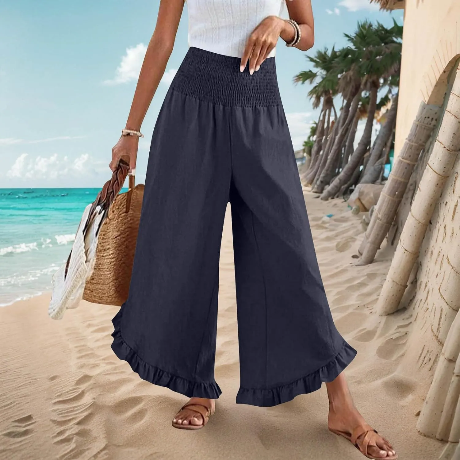 Womens Linen Pants Summer High Waist Ruffle Hem Bohemia Flowy Wide Leg Palazzo Trousers Beach Vacation Clothes