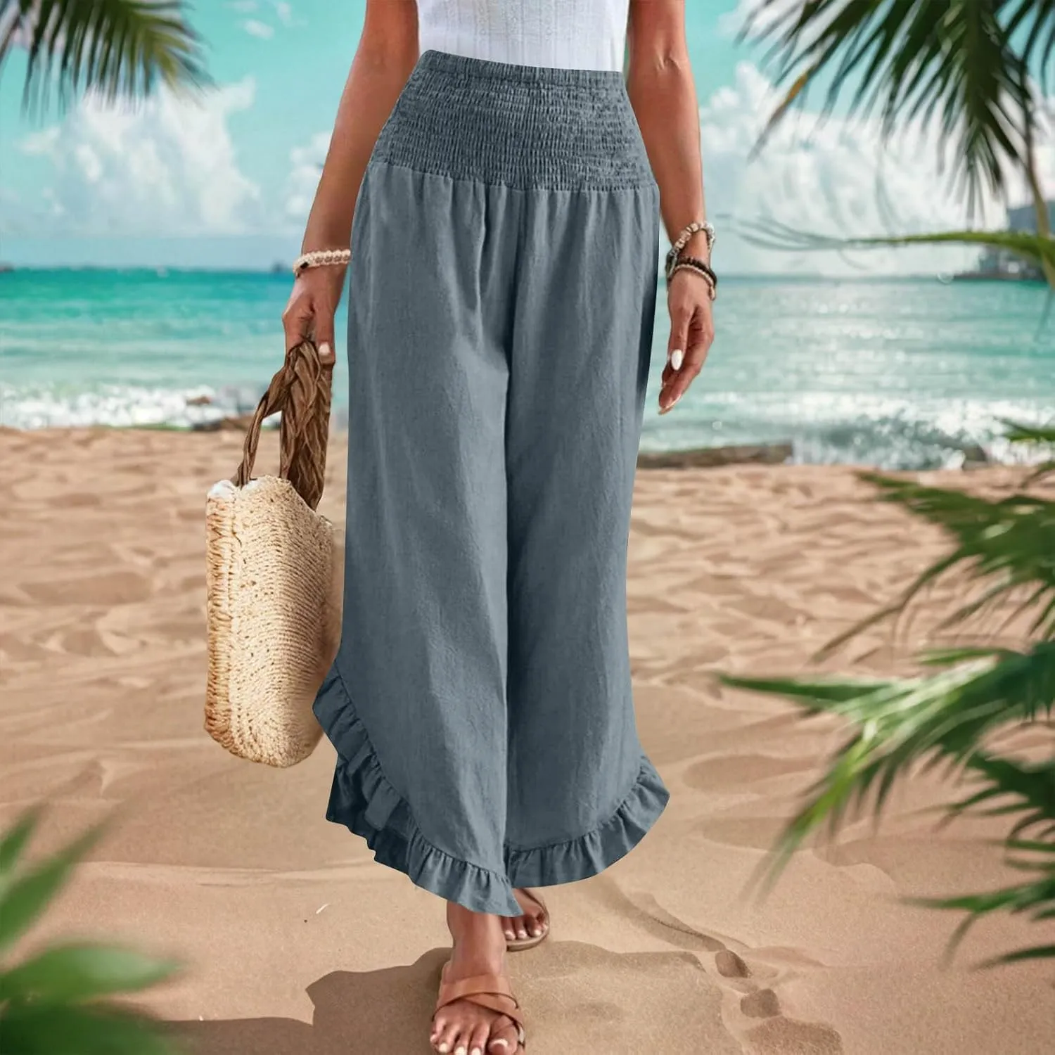 Womens Linen Pants Summer High Waist Ruffle Hem Bohemia Flowy Wide Leg Palazzo Trousers Beach Vacation Clothes