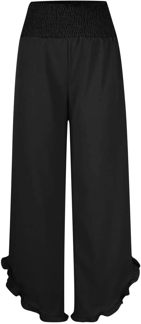 Womens Linen Pants Summer High Waist Ruffle Hem Bohemia Flowy Wide Leg Palazzo Trousers Beach Vacation Clothes