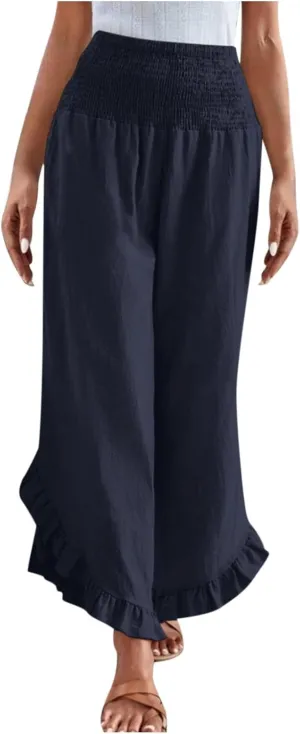 Womens Linen Pants Summer High Waist Ruffle Hem Bohemia Flowy Wide Leg Palazzo Trousers Beach Vacation Clothes