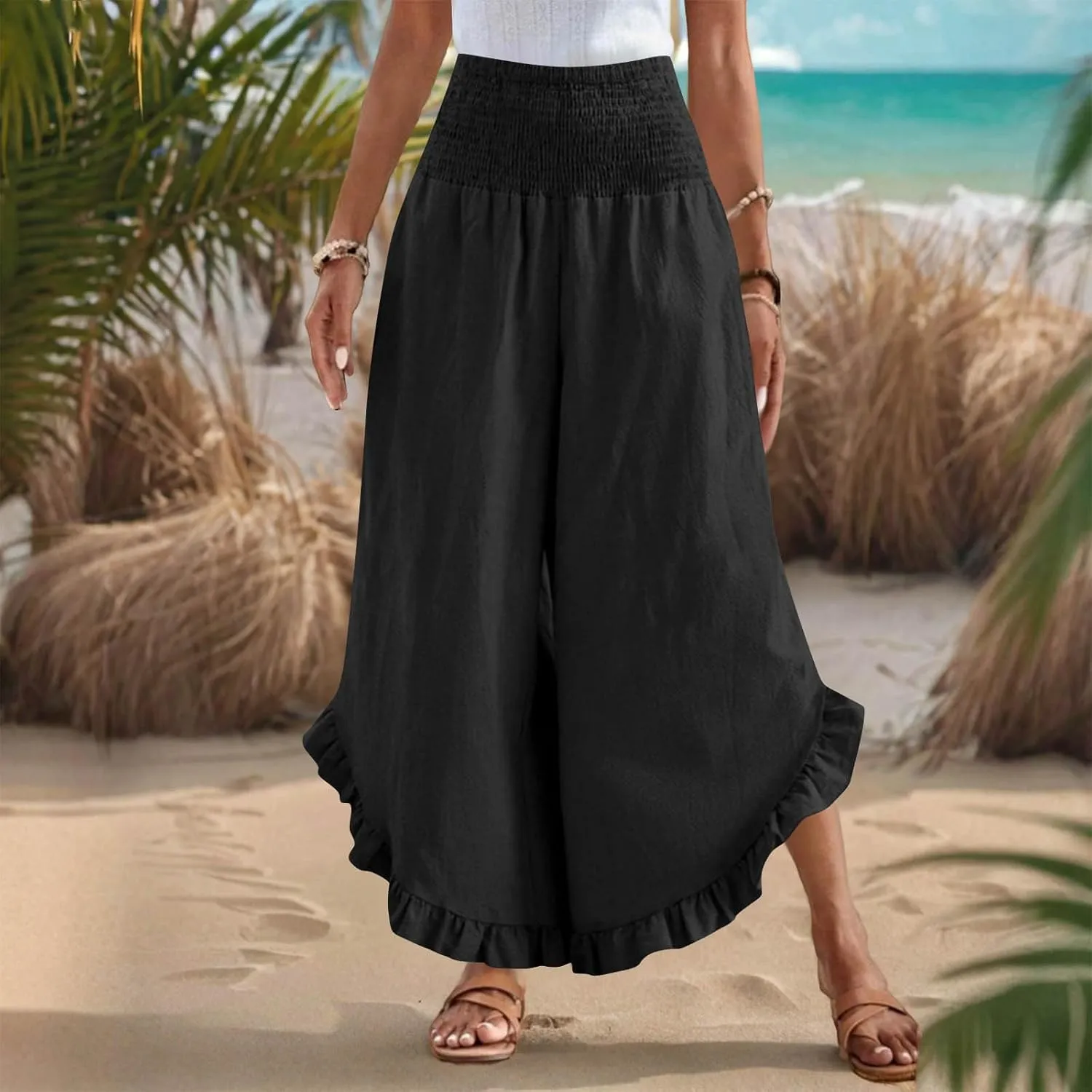 Womens Linen Pants Summer High Waist Ruffle Hem Bohemia Flowy Wide Leg Palazzo Trousers Beach Vacation Clothes