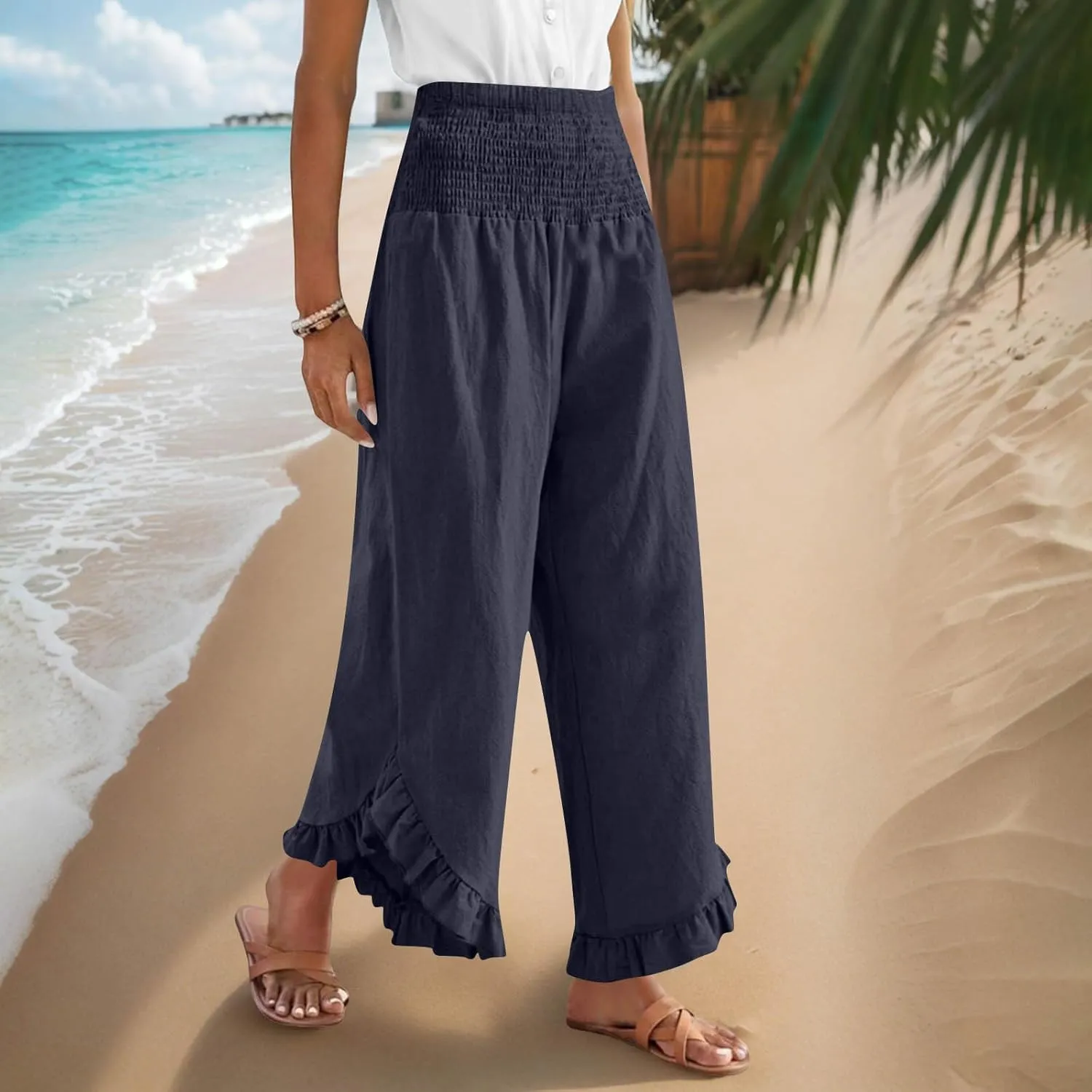 Womens Linen Pants Summer High Waist Ruffle Hem Bohemia Flowy Wide Leg Palazzo Trousers Beach Vacation Clothes