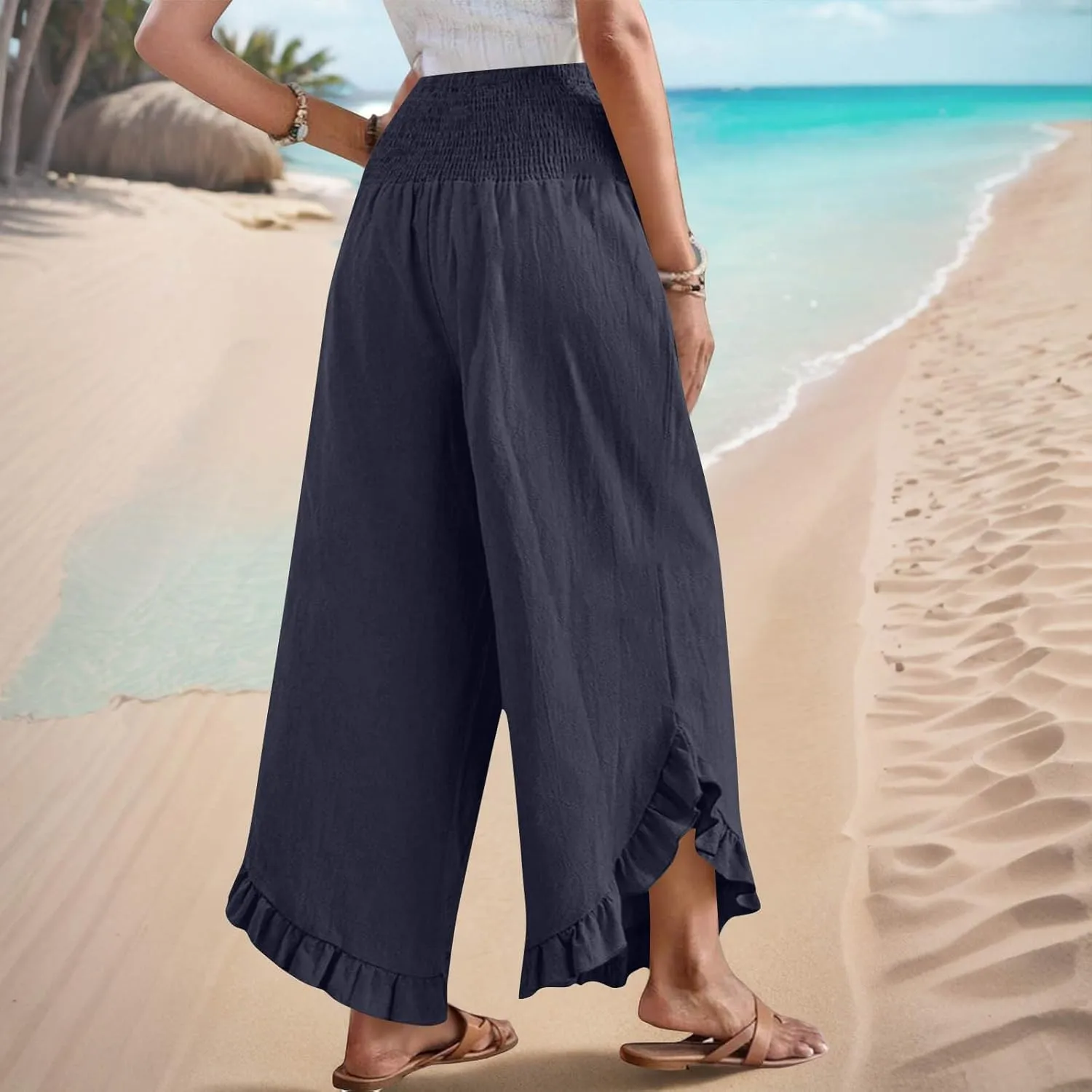 Womens Linen Pants Summer High Waist Ruffle Hem Bohemia Flowy Wide Leg Palazzo Trousers Beach Vacation Clothes