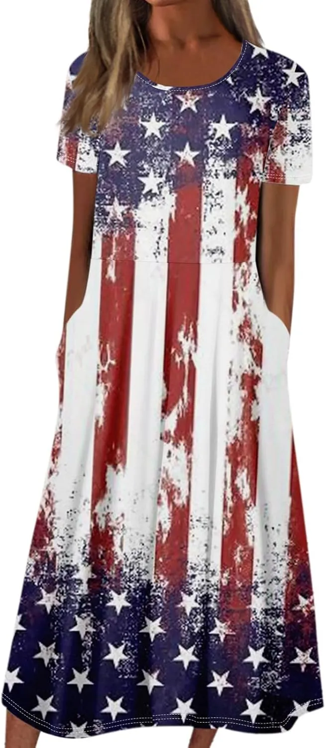 Women's Maxi Dress 2025 Summer Casual Colorful Loose Flowy Boho Crewneck Short Sleeve Dresses Beach Vacation Clothes