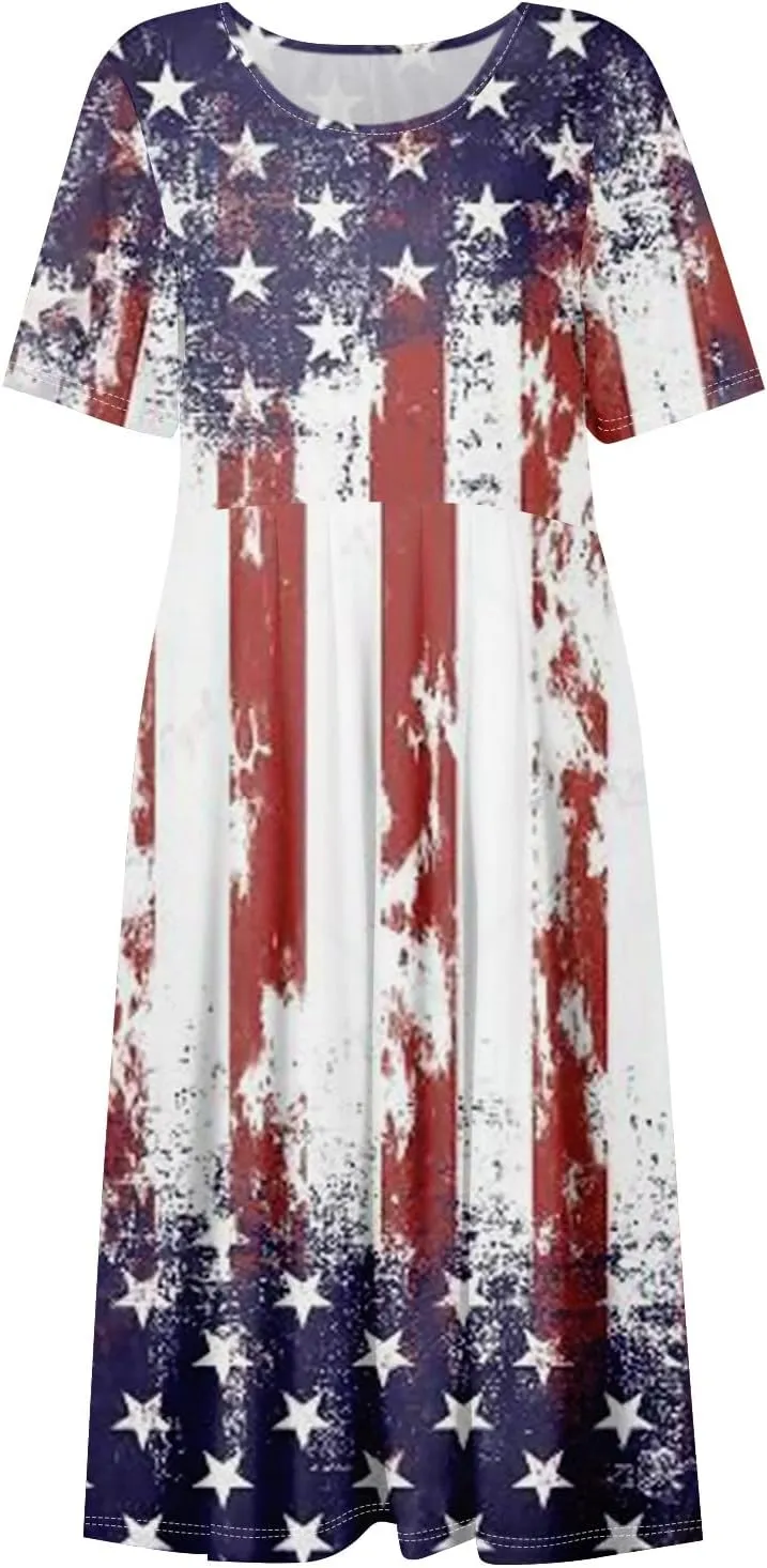 Women's Maxi Dress 2025 Summer Casual Colorful Loose Flowy Boho Crewneck Short Sleeve Dresses Beach Vacation Clothes