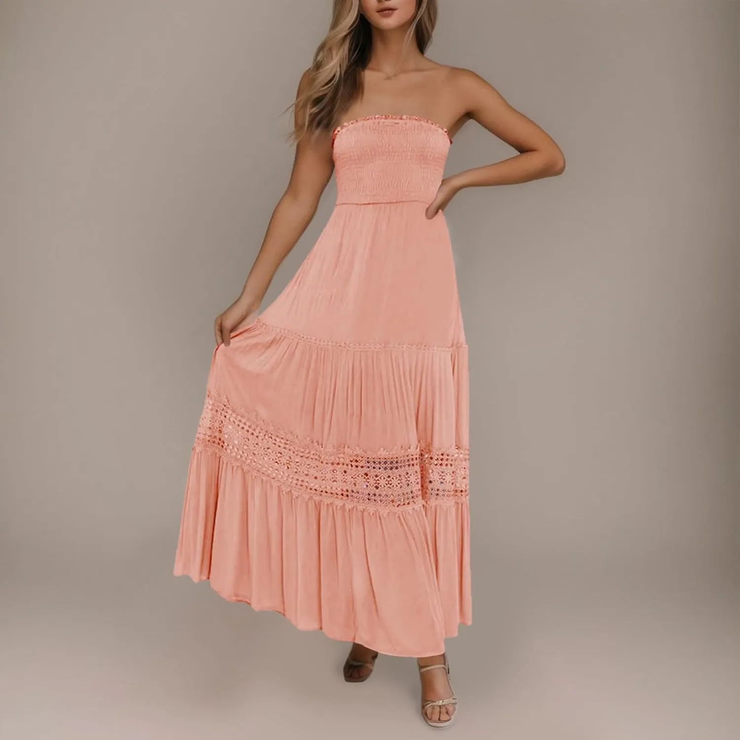 Women's Maxi Dress 2025 Summer Off Shoulder Smocked Tiered Ruffle Long Flowy Dresses Casual Beach Sundress