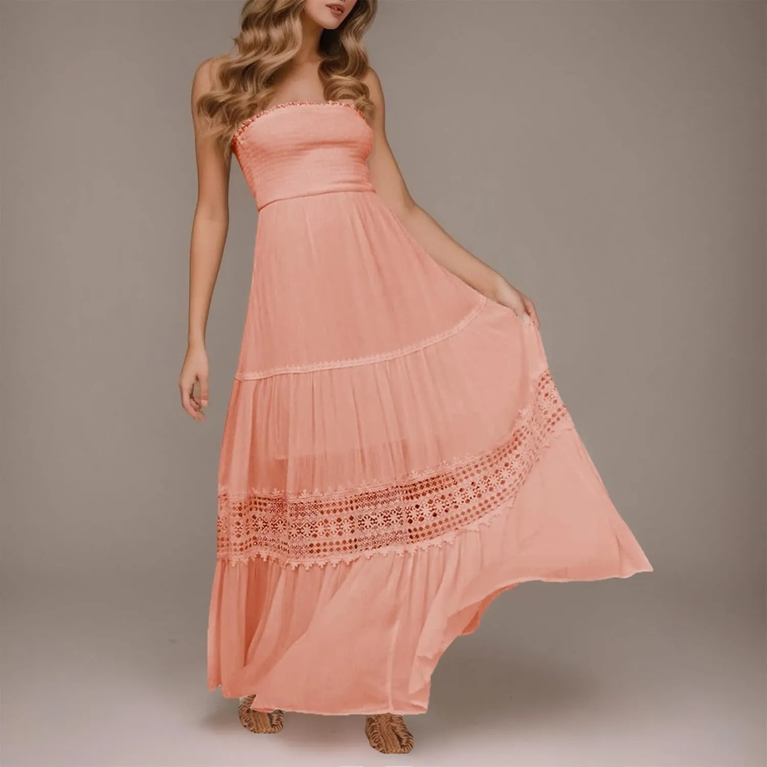 Women's Maxi Dress 2025 Summer Off Shoulder Smocked Tiered Ruffle Long Flowy Dresses Casual Beach Sundress