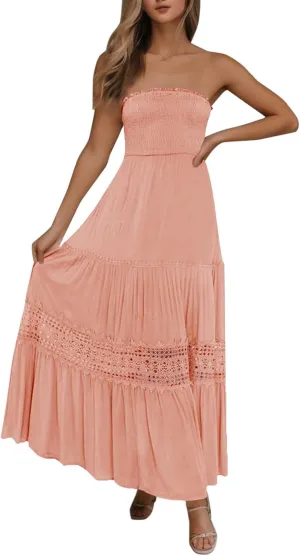 Women's Maxi Dress 2025 Summer Off Shoulder Smocked Tiered Ruffle Long Flowy Dresses Casual Beach Sundress